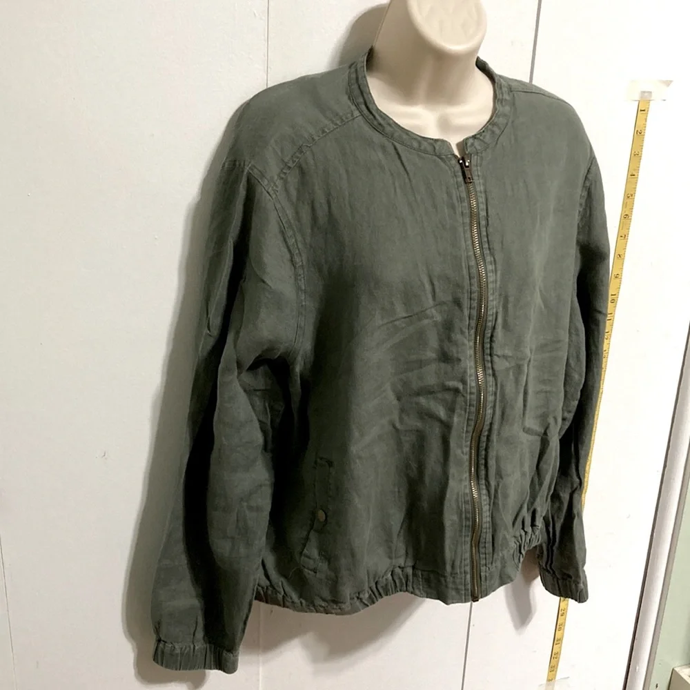 CYNTHIA ROWLEY LINEN Army Green Khaki Bomber Jacket Full Zip Long Sleeves Large